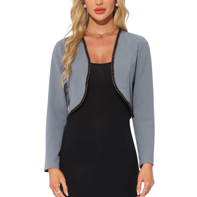 Cardigan corto de manga larga INSPIRE CHIC para mujer con cuello de contraste, bolero, blusas casuales de trabajo, L gris