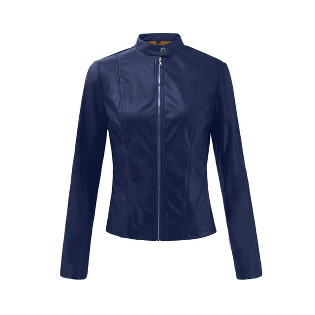 WEIYLL Womens Fleece Jackets Lapel Motor Zip Biker Short Punk Cropped Navy Fall Coats Size 2XL