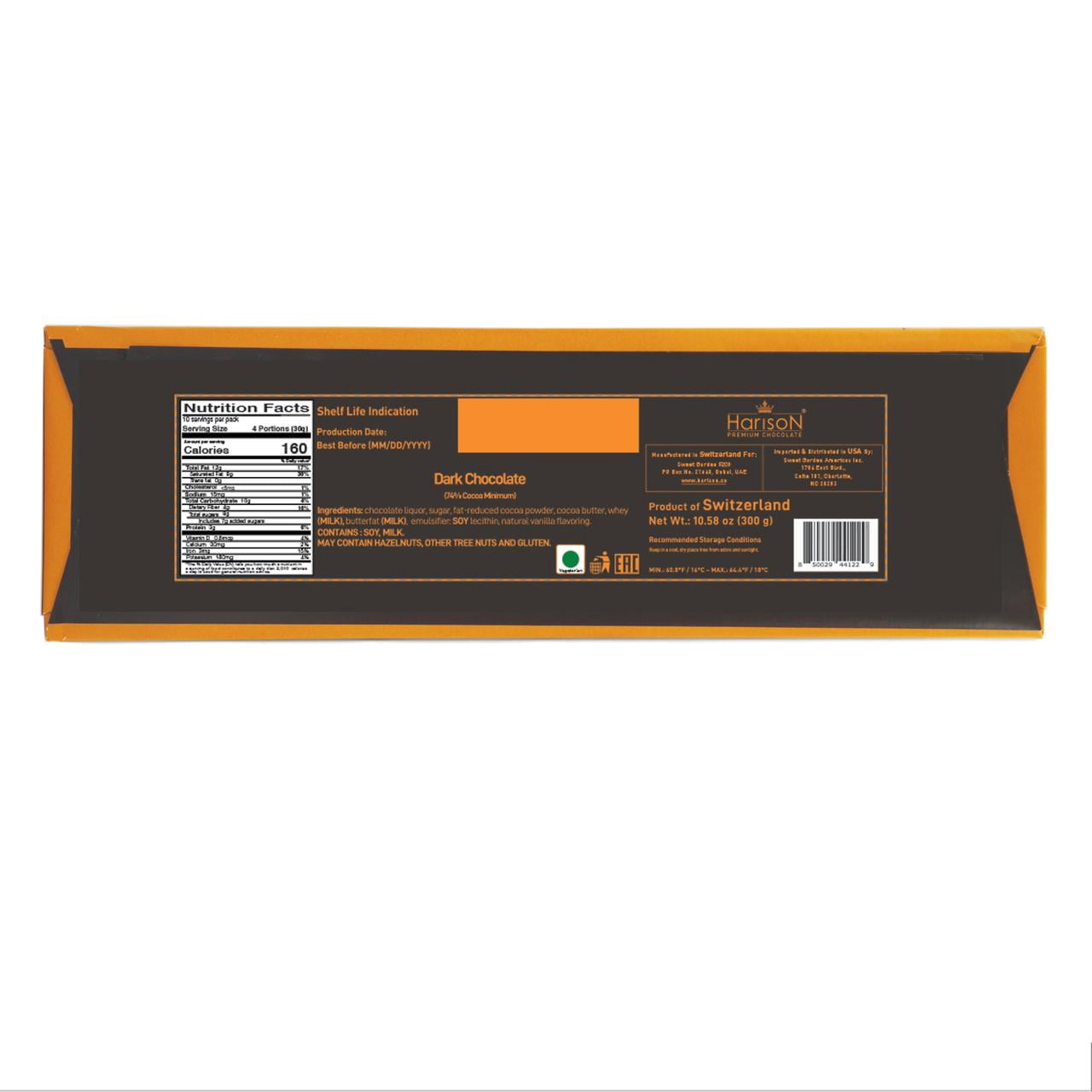 (2 pack) Harison Dark Chocolate 74% Cocoa 10.58 oz- Premium Swiss Chocolate