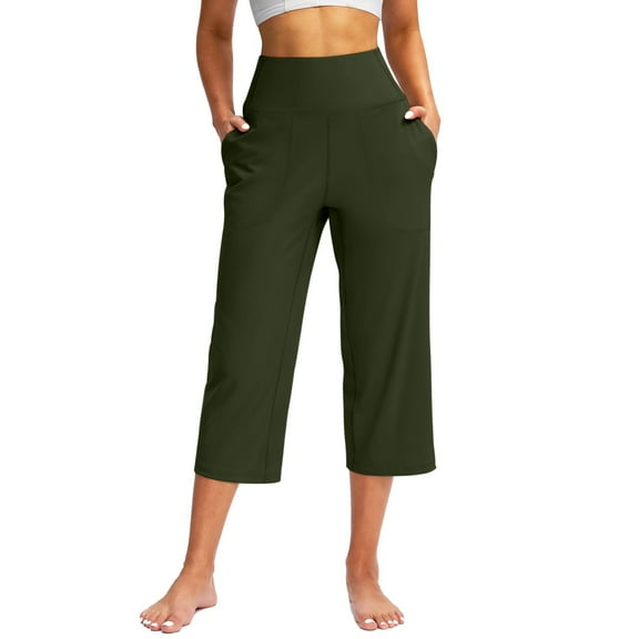 Women's High Waist 3/4 Capri Pants - Elastic Wide Leg Casual Active Yoga Trousers with Pockets for Workout & Daily Wear ,Army Green,L