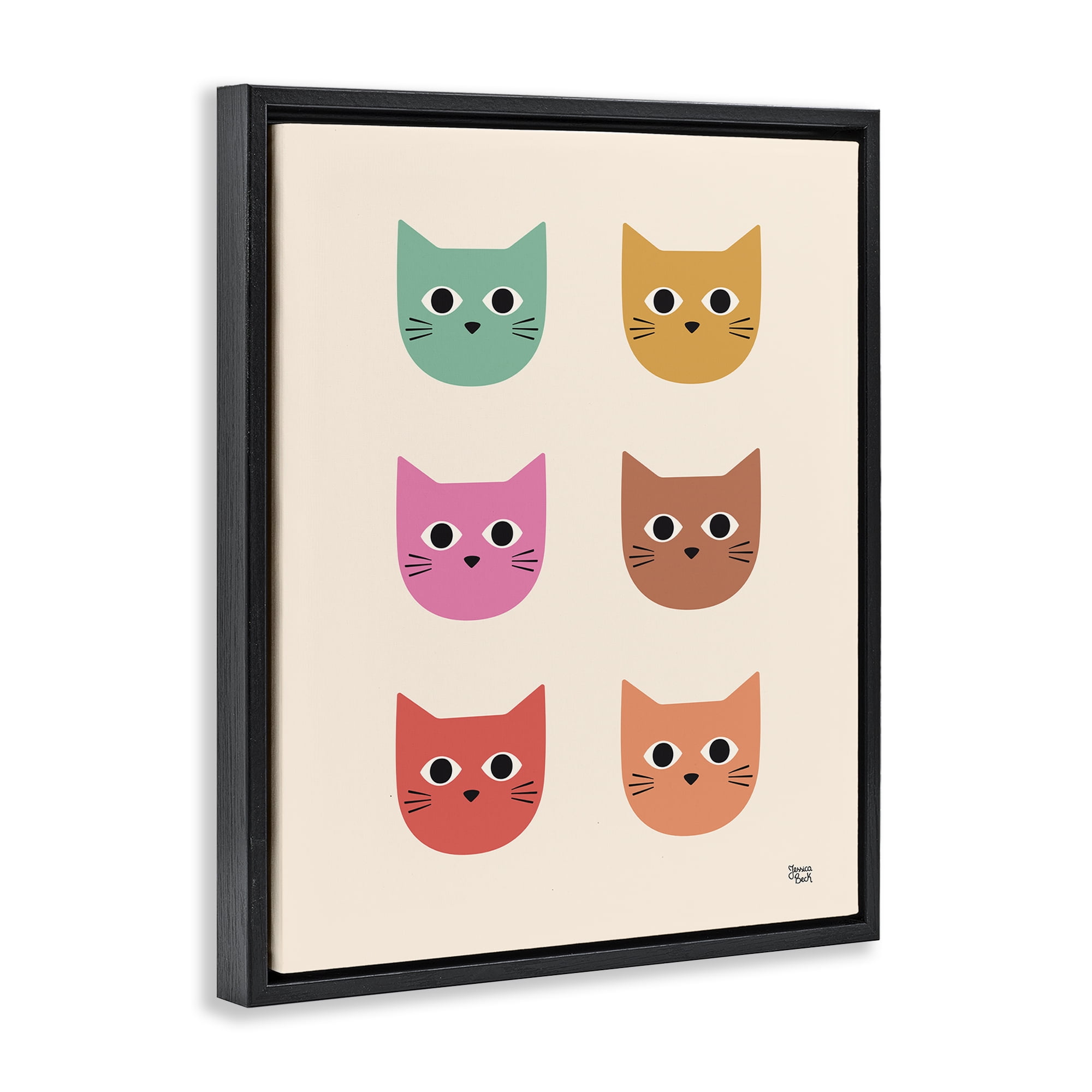 Stupell Industries Colorful Cat Faces Animals Painting Black Floater Framed Canvas Art Print Wall Art, 25 x 31