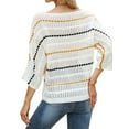 thumbnail image 5 of HUBERY Women Striped Color Block Hollow Out Knitted Crew Neck 3/4 Sleeve Top, 5 of 7