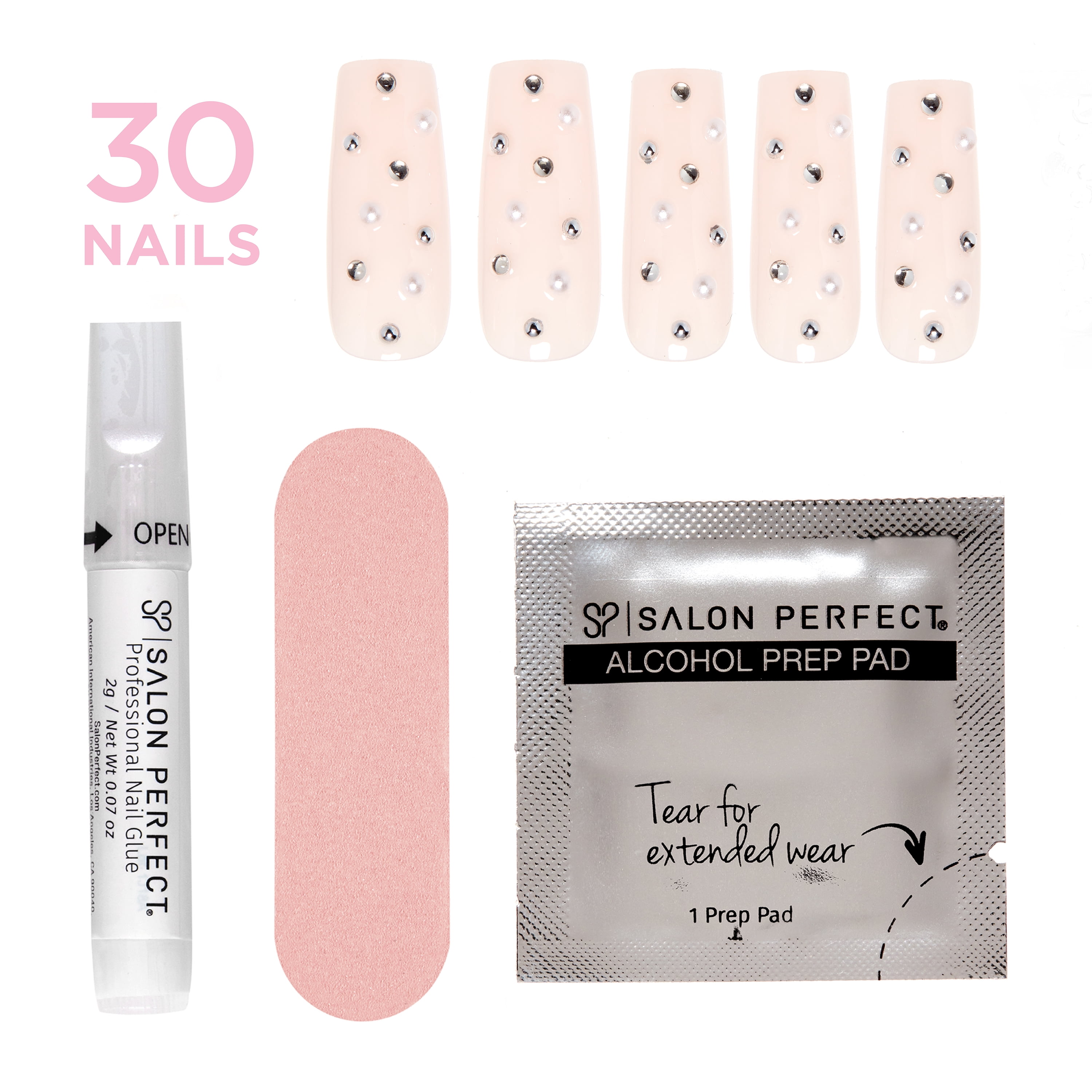 Salon Perfect Artificial Fake Press On Nails, 504 Charmed Nude, Long Square, File, Glue and Prep Pad Included, 30 Nails