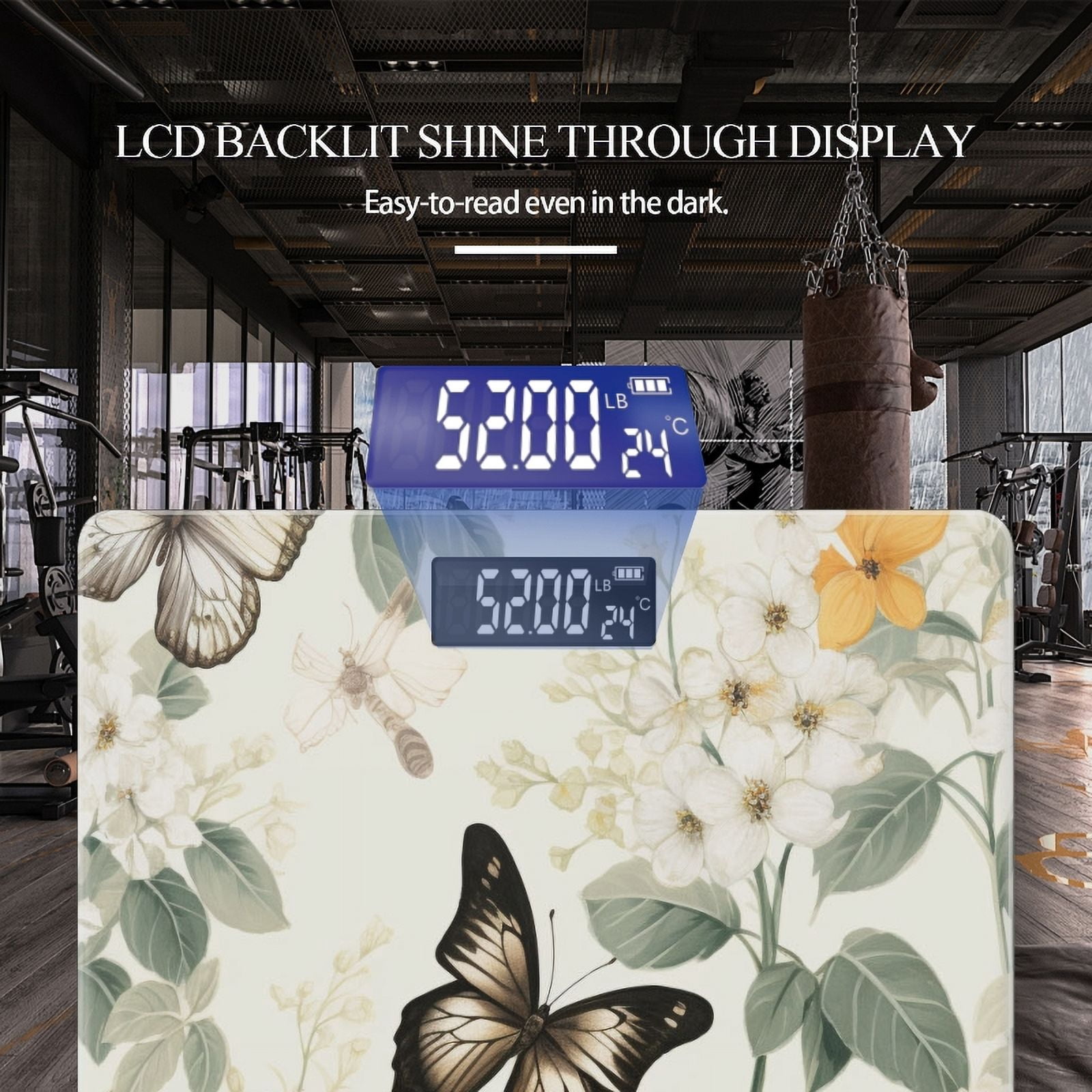 High Precision Body Weight Scale Smart Bathroom Scales with Large LCD Display(400lbs),Decorative for Bedroom-All-White Background With Butterflies And Flowers