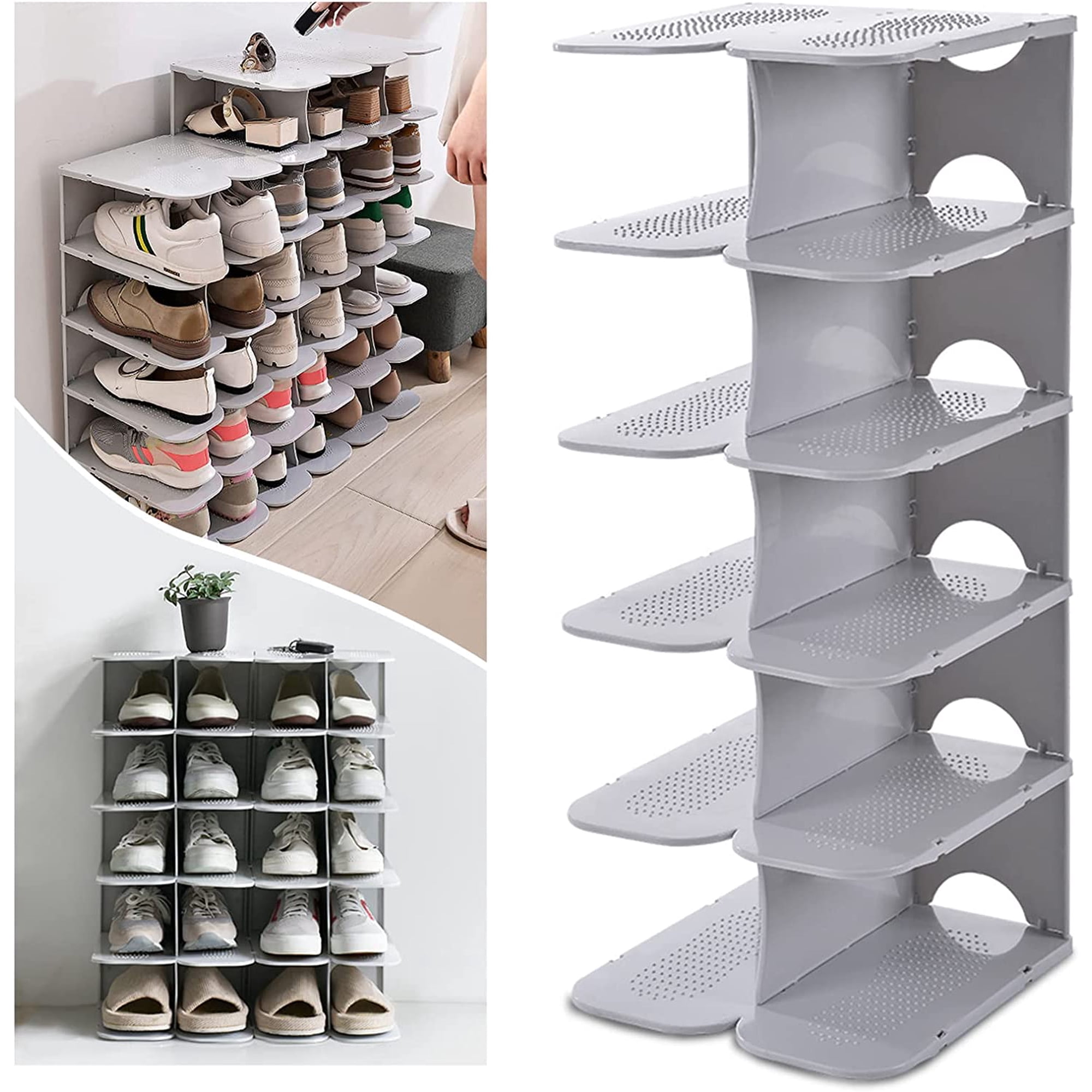 6-Tier Narrow Shoe Rack for Small Entryways Space-Saving Adjustable Stackable Shelves Free Standing Organizer Closet Corner Doorway Grey