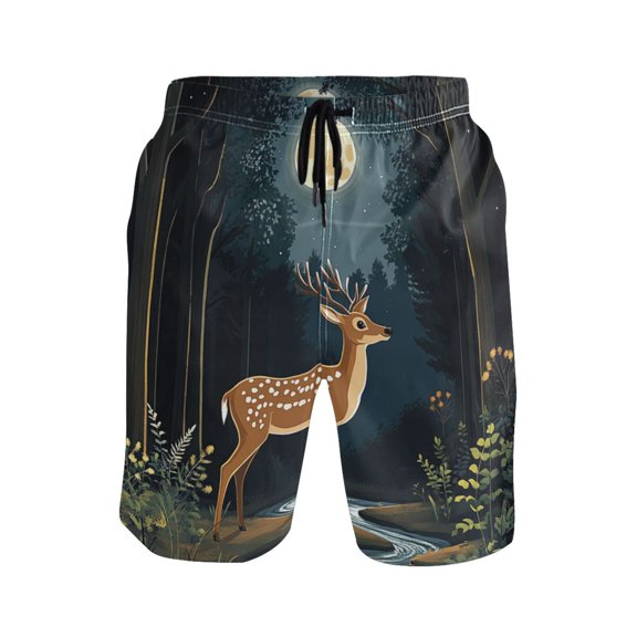 IAUYY Men's Quick-Dry Beach Shorts with All-Over Print - Lightweight Swim Trunks for Summer (S-XXL) Machine Washable,Deer in The Forest