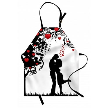 Kiss Apron Silhouette of Lovers near Abstract Tree with Red Hearts Valentine's Day Concept, Unisex Kitchen Bib Apron with Adjustable Neck for Cooking Baking Gardening, Red Black White, by Ambesonne