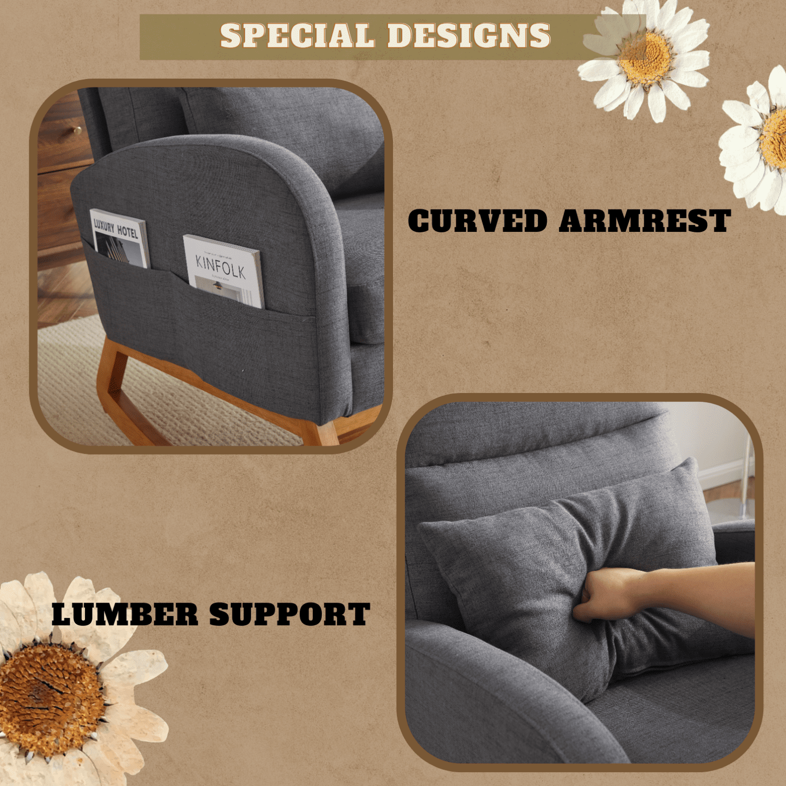 Rocking Chair Nursery with Thick Headrest, Upholstered Modern Nursing Rocker Glider with Curved Armrest, Sturdy Solid Wood Base for Living Room, Bedroom, Baby Room, Grey