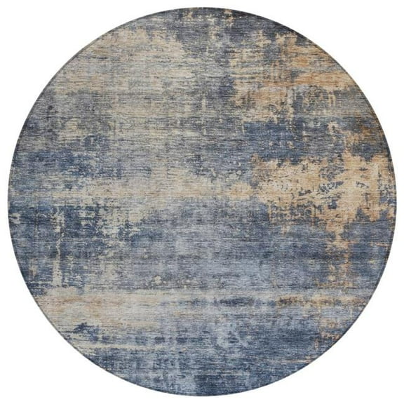 HomeRoots 606142 8 ft. Denim Blue & Tan Round Abstract Washable Indoor & Outdoor Area Rug
