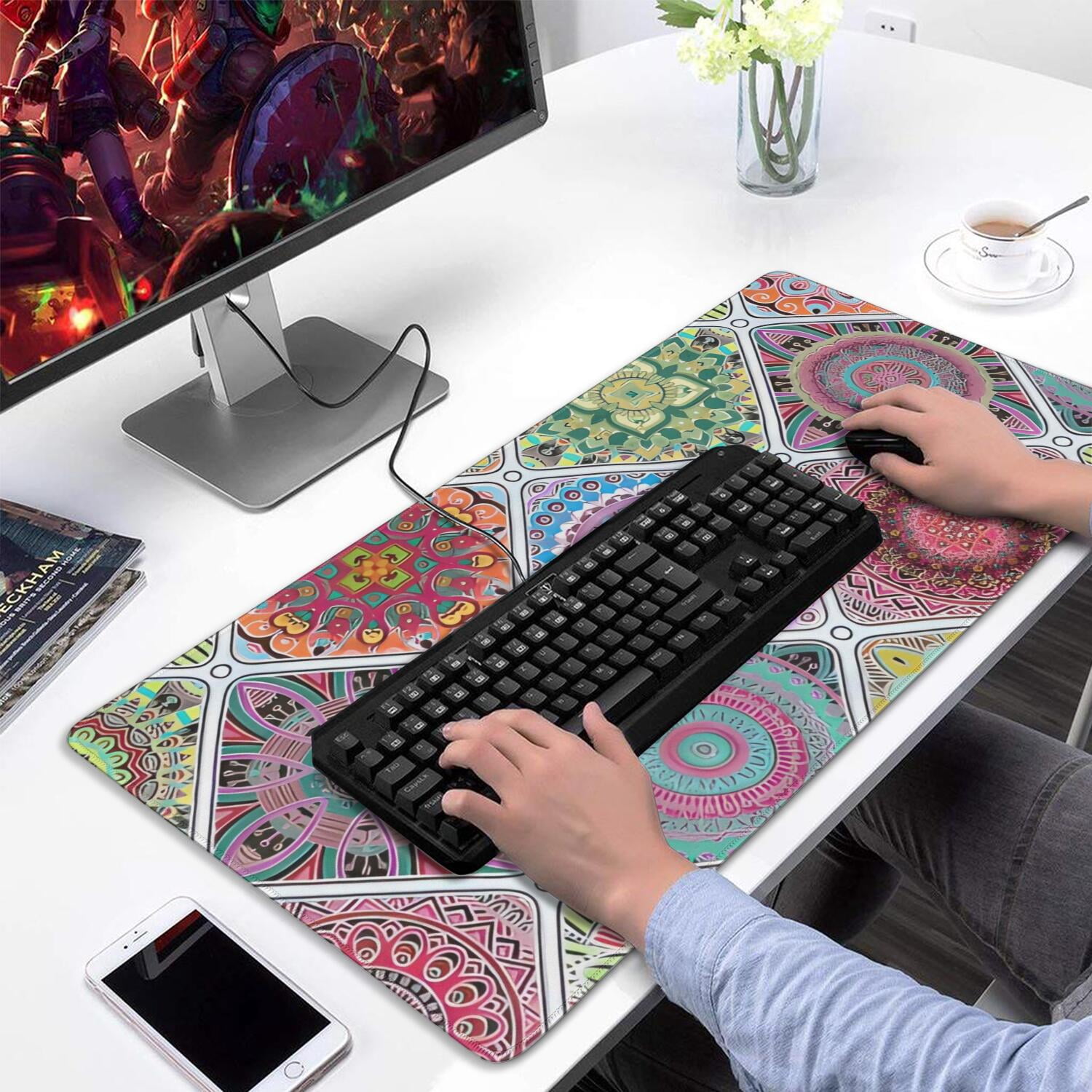 Long Mouse Pads for Desk,Multicolor Ethnic Mandala Pattern Desk Mats on Top Of Desks, Desk Mouse Pad Extra Large with 3mm Non-Slip Base and Stitched Edge for Gaming,Office,Work,Home 31.5"x15.7"