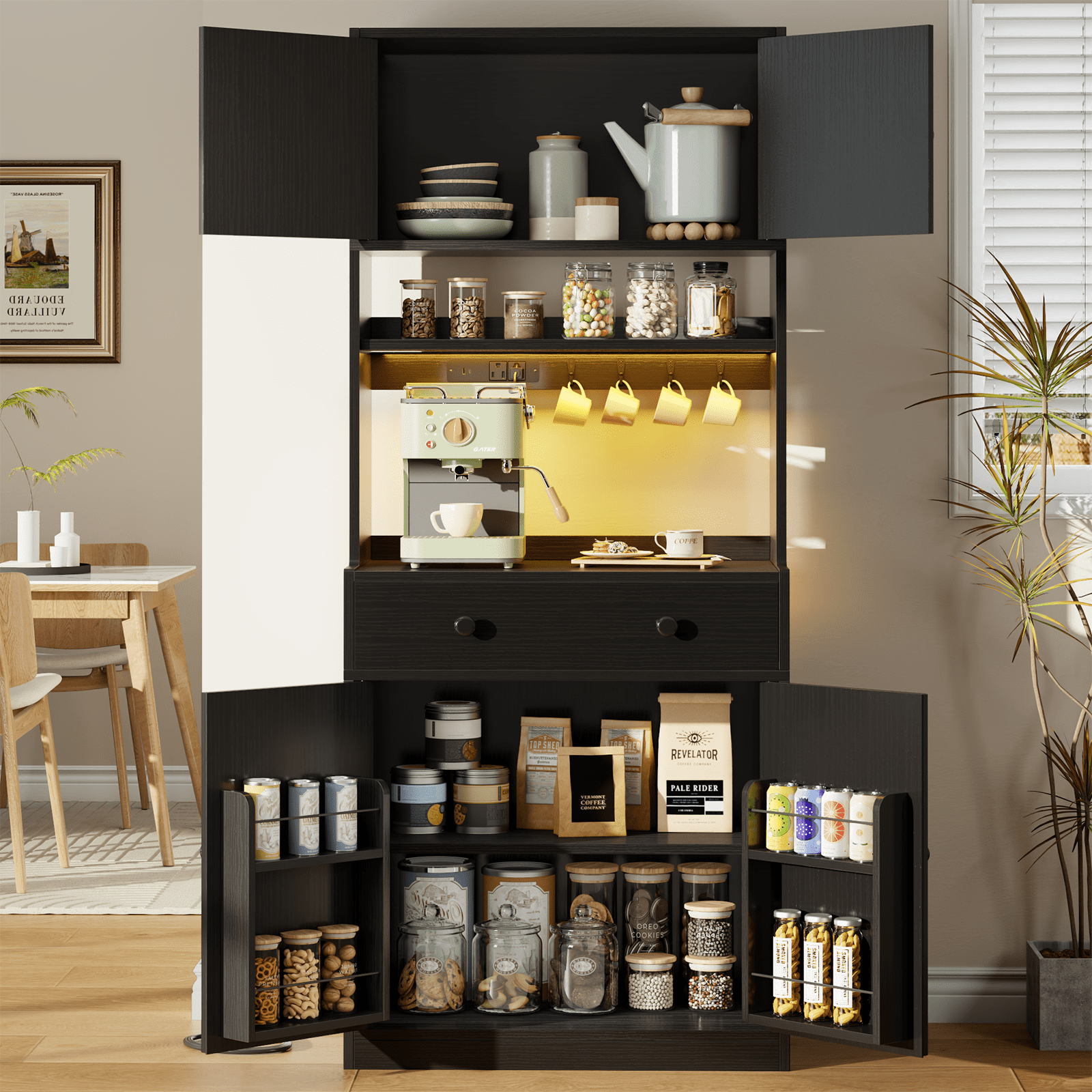 TYDIMOR 72" Tall Kitchen Pantry Storage Cabinet with Doors & Adjustable Shelves, Wood Buffet Cabinet with Microwave Stand, Freestanding Hutch Cabinet for Dining Room, Black