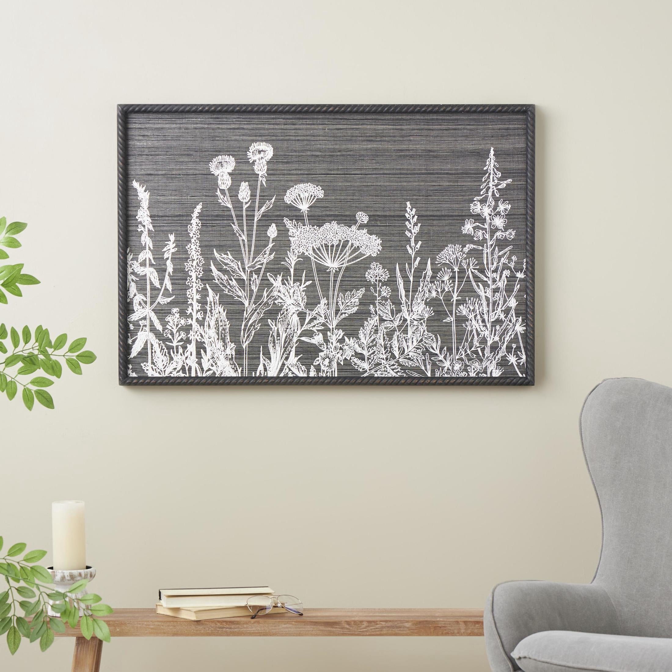 36" x 25" Relief Floral Framed Wall Art with Gray Textured Backing and Black Twisted Frame, by DecMode
