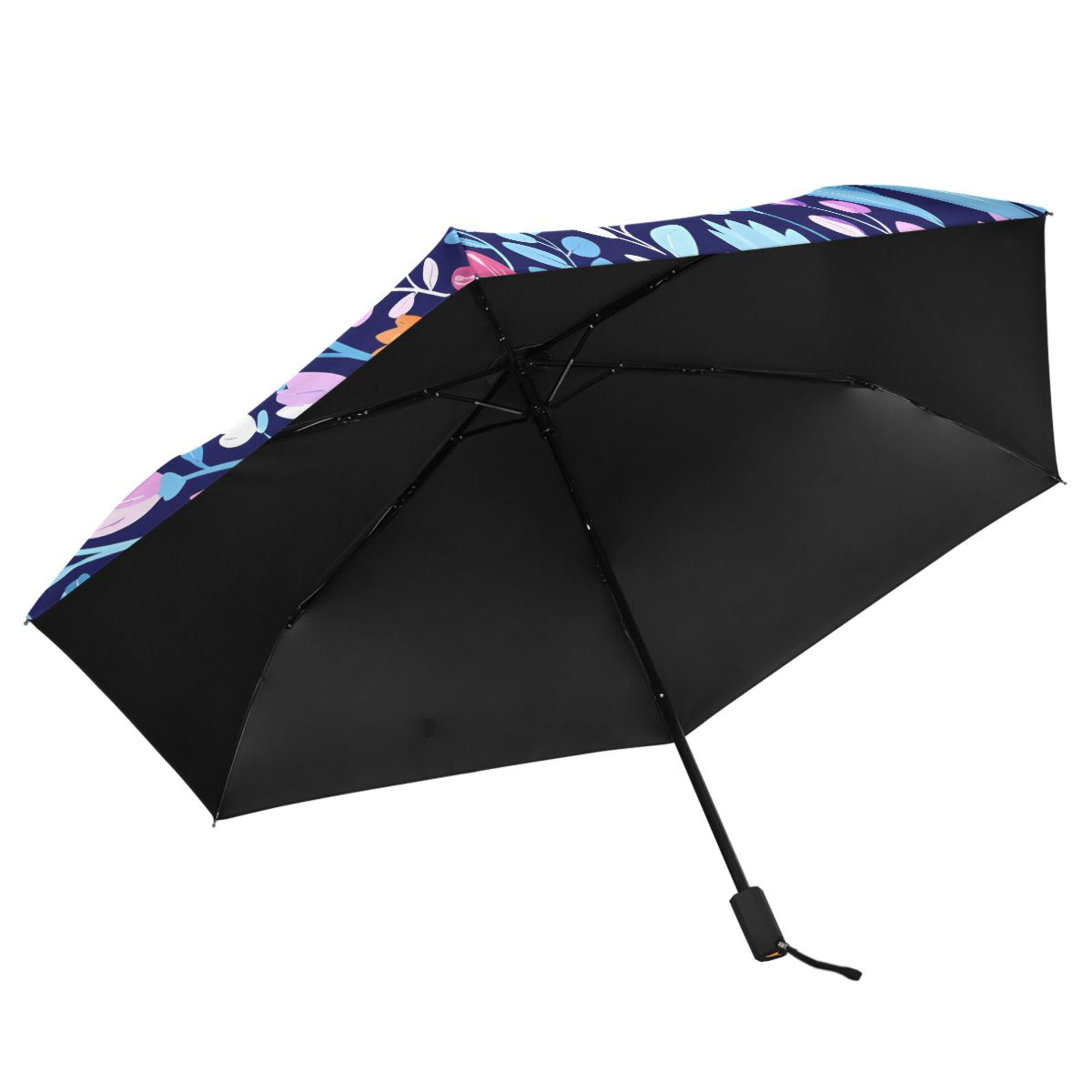 Pink Tulip with Blue Leaves Compact Sun Umbrella Windproof Travel Umbrellas for Rain Strong Portable UV Protection