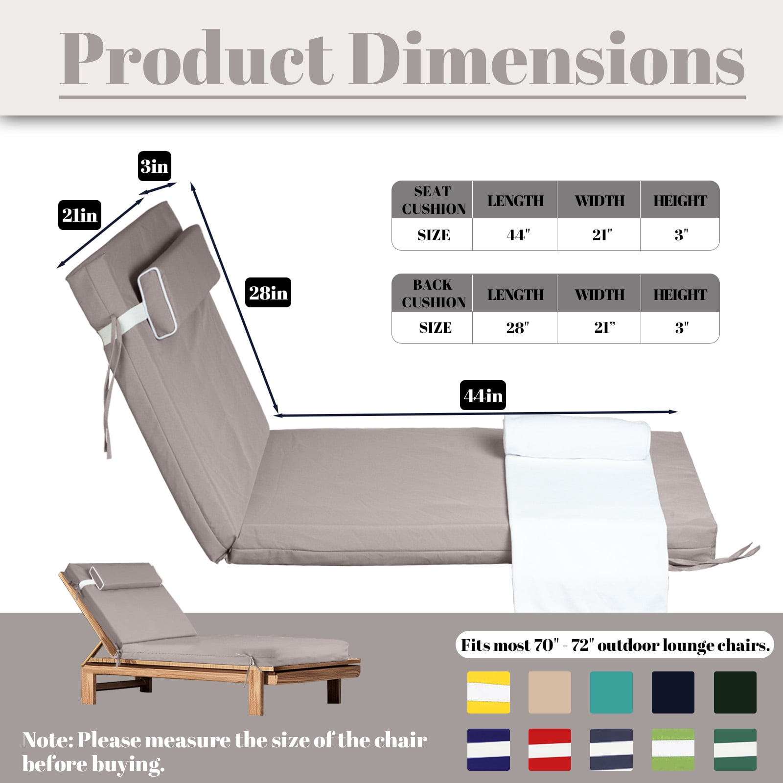 SDJPOI Outdoor Chaise Lounge Cushions Set of 2, 72" x 21" x 3" Thick Patio Furniture Replacement Cushions, Waterproof Lounge Chair Cushion with Headrest & Ties for Pool Beach