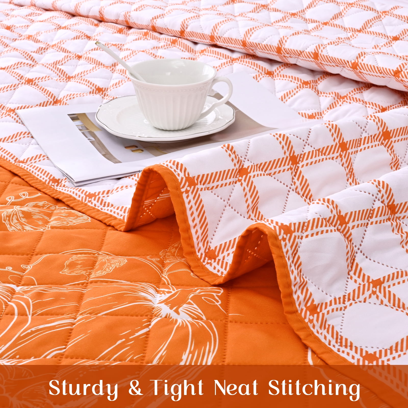 BLEUM CADE 3 Pieces Fall Quilt Set King with 2 Pillow Shams, Thanksgiving Reversible Bedding Set Pumpkins Quilt Set, Soft Lightweight Bedspread Coverlet Set