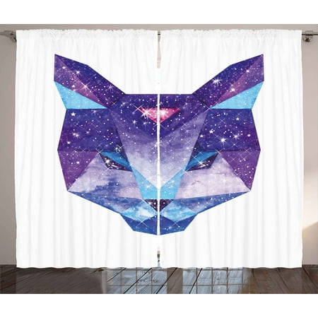 Space Cat Curtains 2 Panels Set, Kitty Head in Geometrical Lines with Star Cluster Cosmology Image, Window Drapes for Living Room Bedroom, 108W X 90L Inches, White Sky Blue and Purple, by (Best Lines From Office Space)