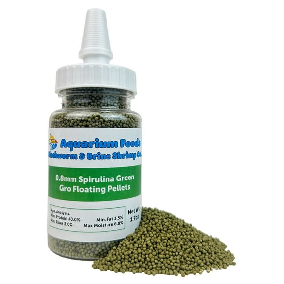 0.8mm 1/32" Micro Spirulina Green Gro Floating Pellets for Guppies, Tetras, Bettas, Nano Fish, All Baby Tropical Fish - 1.7oz Squeeze Bottle