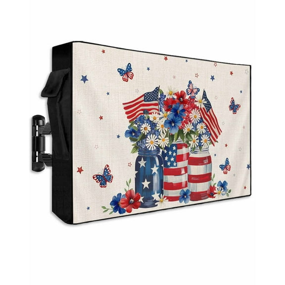 4th of July Outdoor TV Cover 40 to 43 Inch Weatherproof, Independence Day Blue Red Spring Floral Rustic 600D Oxford TV Covers with Waterproof Zipper, Outside Flat TV Screen Protector 40"Wx25"Hx4.5"D