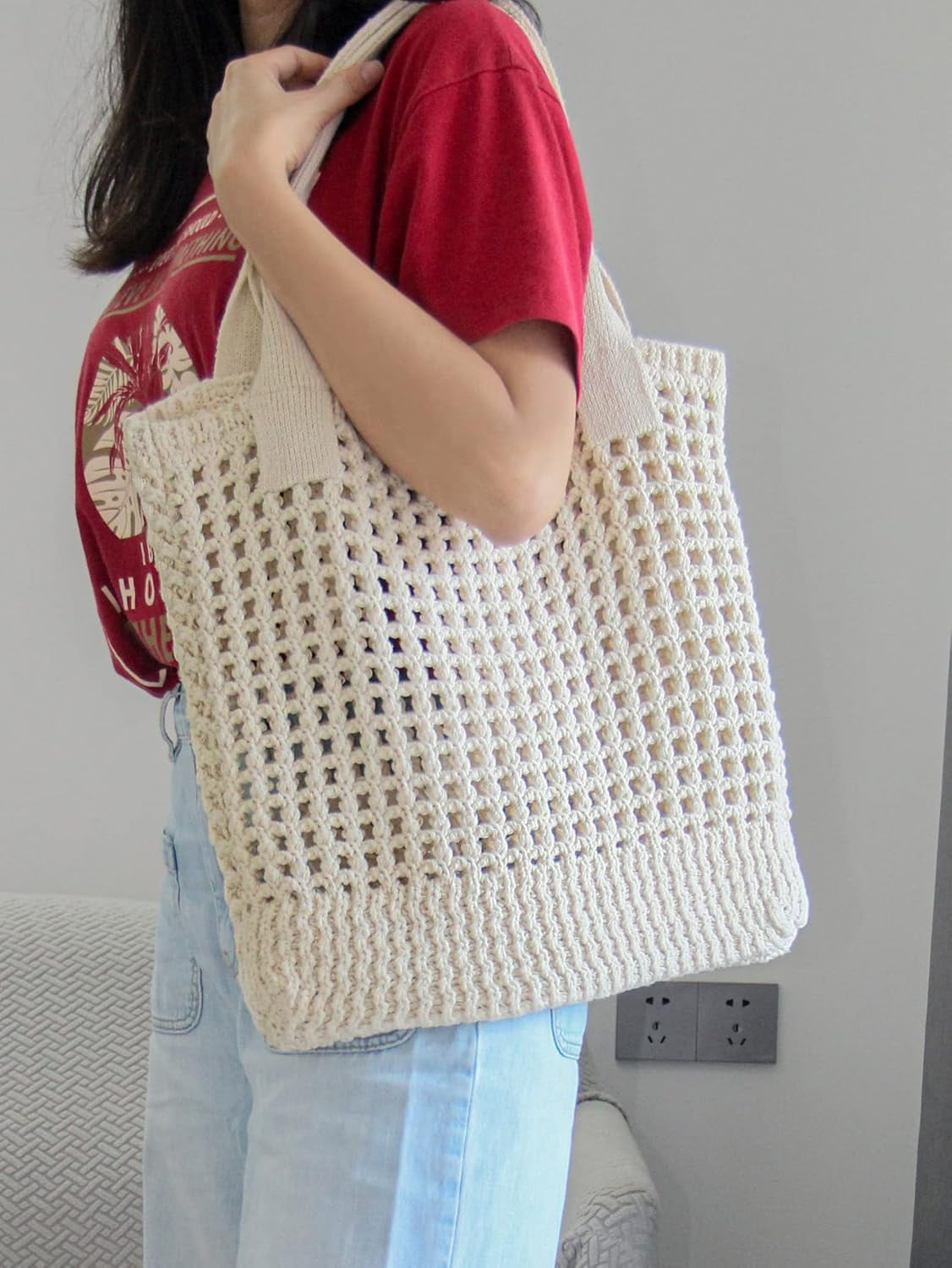 CAILDANL Women's Beach Tote Bag, Crochet Knit Hollow Design, Stylish Tote for Beach,Travel and Everyday Use Aesthetic Handbag