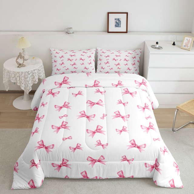 Erosebridal Princess Bowknot Bedding Twin Comforter Set, Pink Down Comforter, Cartoon Ribbon Reversible Comforter Sets Twin Size, Lightweight Bedroom Decor, 2pcs