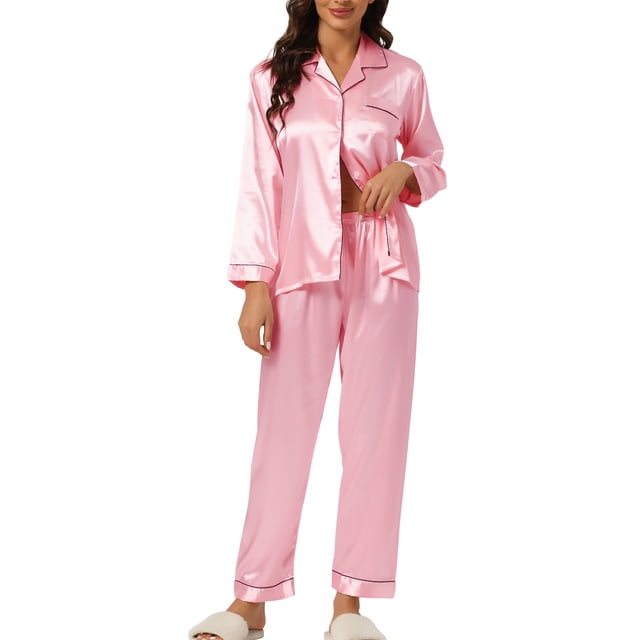 Conjunto de salón de satén para mujer INSPIRE CHIC, camisa de botones de manga larga con pantalones, pijamas de seda, tamaño S, rosa claro