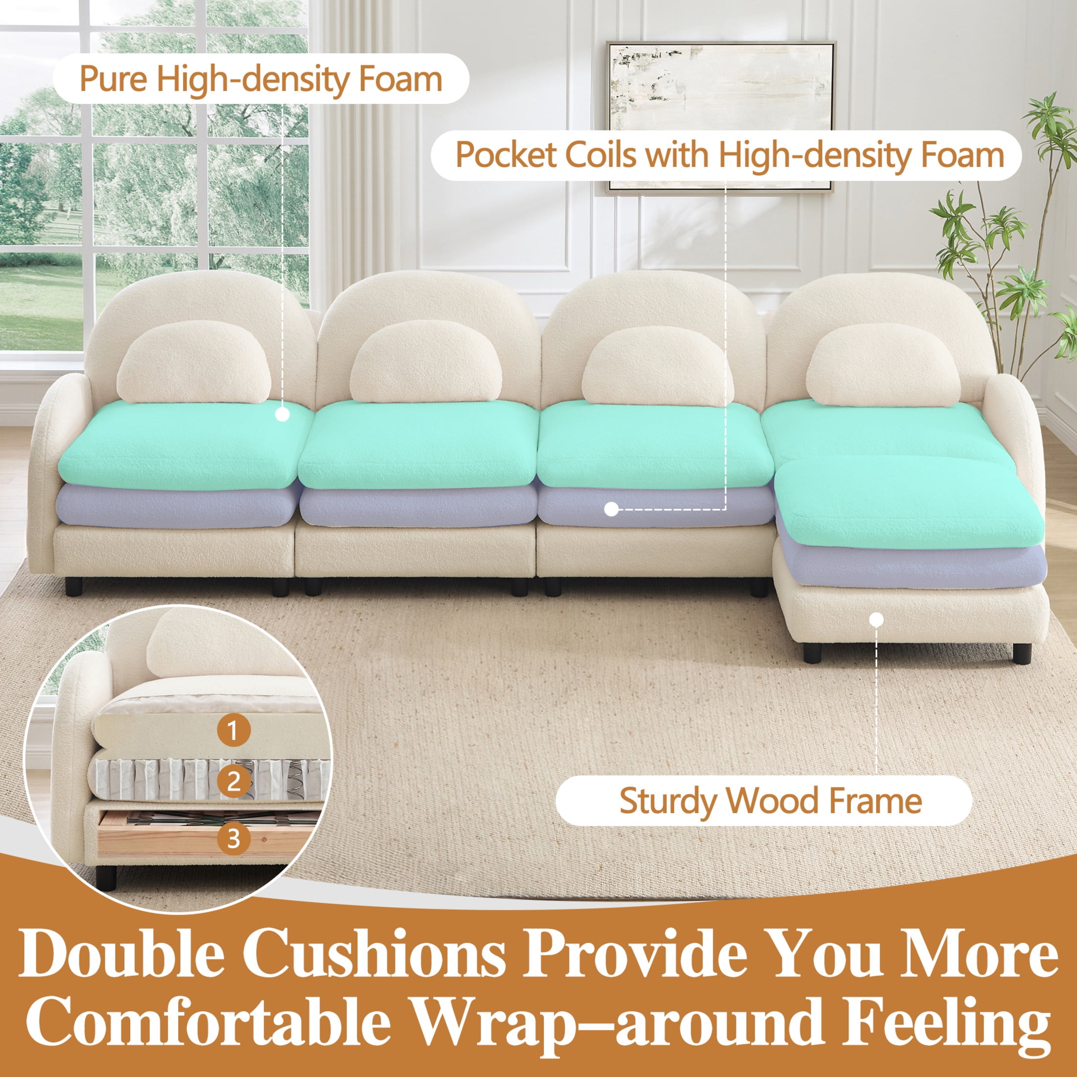 Noble House Windsor Teddy Fabric 3-Seater Sectional Sofa, Modular Cloud Couch with Ottoman and Lumbar Pillows, Beige