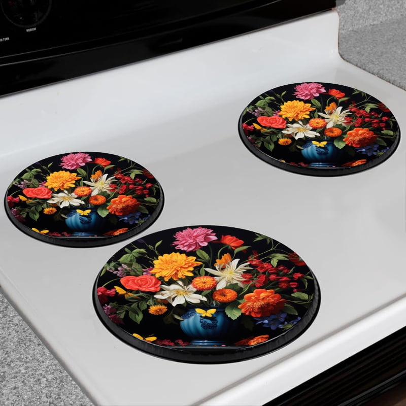 BaHomeck Electric Stove Burner Covers Set of 4,Round Metal Gas Stove Burner Covers 8 Inch and 10 Inch,Kitchen Decor,Vibrant Painting Of Colorful Flowers In Full Bloom