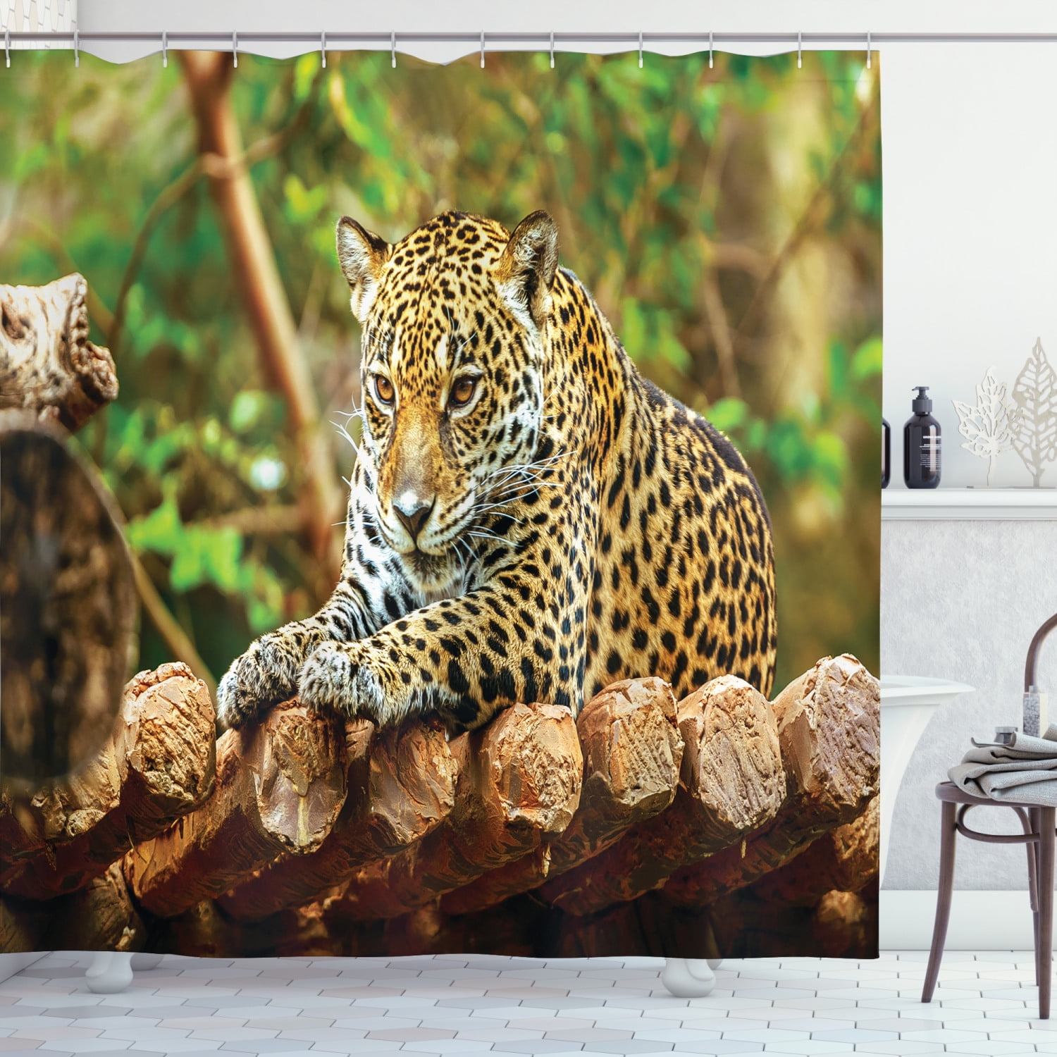Ambesonne Zoo Shower Curtain, Jaguar on Wood Wild Feline, 69"Wx70"L