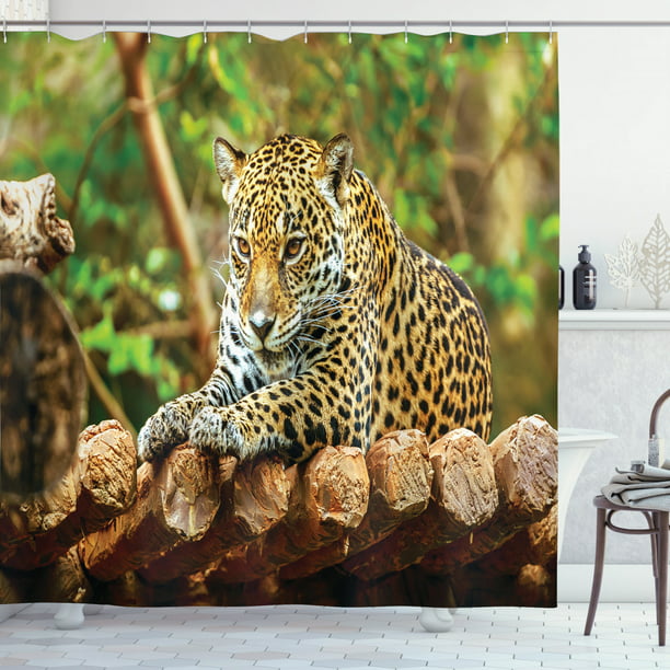 Zoo Shower Curtain, Jaguar on Wood Floor Wildlife Animals Feline Big ...