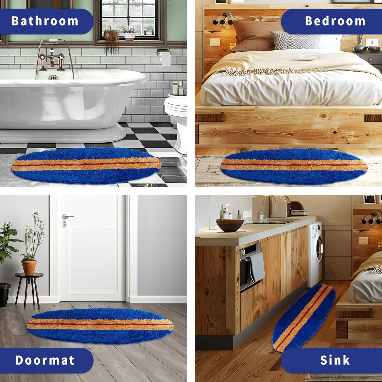 Surfboard Rug, Surfboard Shaped Bath Mat for Y2K Room Decor, Non-Slip Flocking Hypebeast Carpet for Living Room Decor, Stussy Rug Alt Room Decor Soft Doormat for Bedroom (Dark Blue)