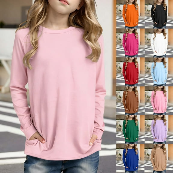 LRen Girls Long Sleeve Shirts Solid Color Crew Neck Loose Blouse with Pockets Casual Soft Tee Shirt Classroom Preppy Back To School Tops