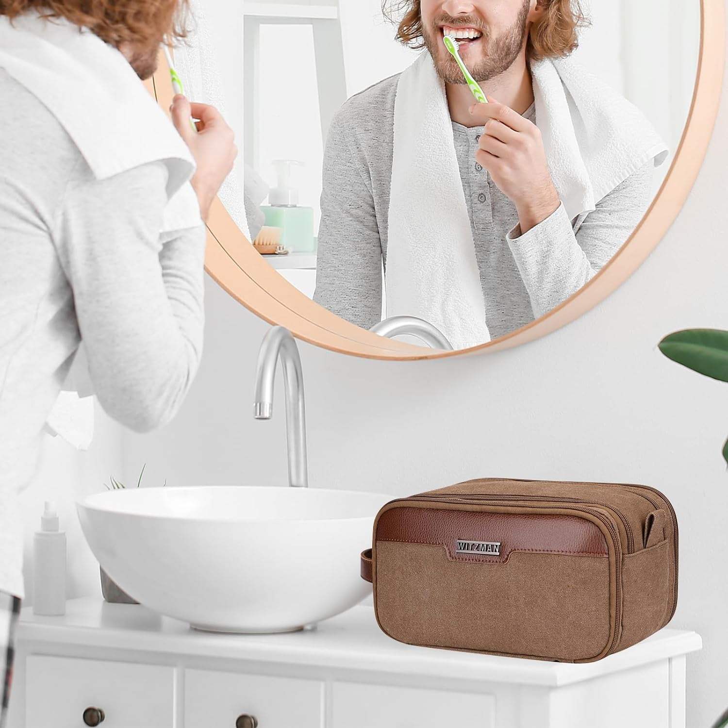 WITZMAN Canvas Toiletry Bag for Men Large Capacity Hanging Dopp Kit for Men Leather Toiletries Water-Resistant Bathroom Bag(A8002 Brown)
