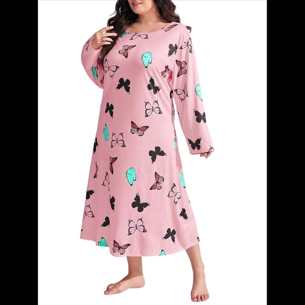 Camisón de Larga para Mujer, Estampado, Camiseta, Vestido de Dormir Rosa 4XL