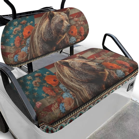 Pzuqiu Grizzly Bear Floral Flag 2-Piece Golf Cart Seat Covers | Breathable Washable | Universal Fit for Most 2-Seater Golf Carts