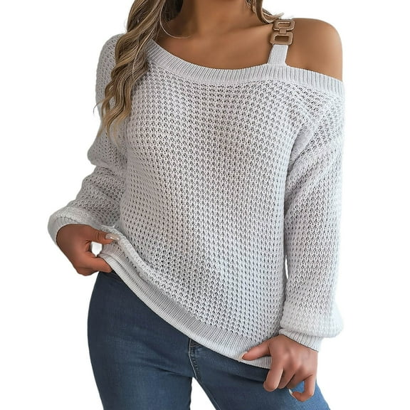 Arlun Women's Sweater Fashion Metal Buckle Strap Cold Shoulder Long Sleeves Cable Knit Sweaters Solid Color Ribbed Comfortable Pullover Knitwear Tops White S