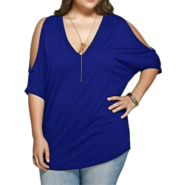 MAWCLOS Women Sexy Off Shoulder Tops Solid Color Plus Size Shirts Fashion Summer Short Sleeve Tunic Casual V Neck Blouse - Walmart.com