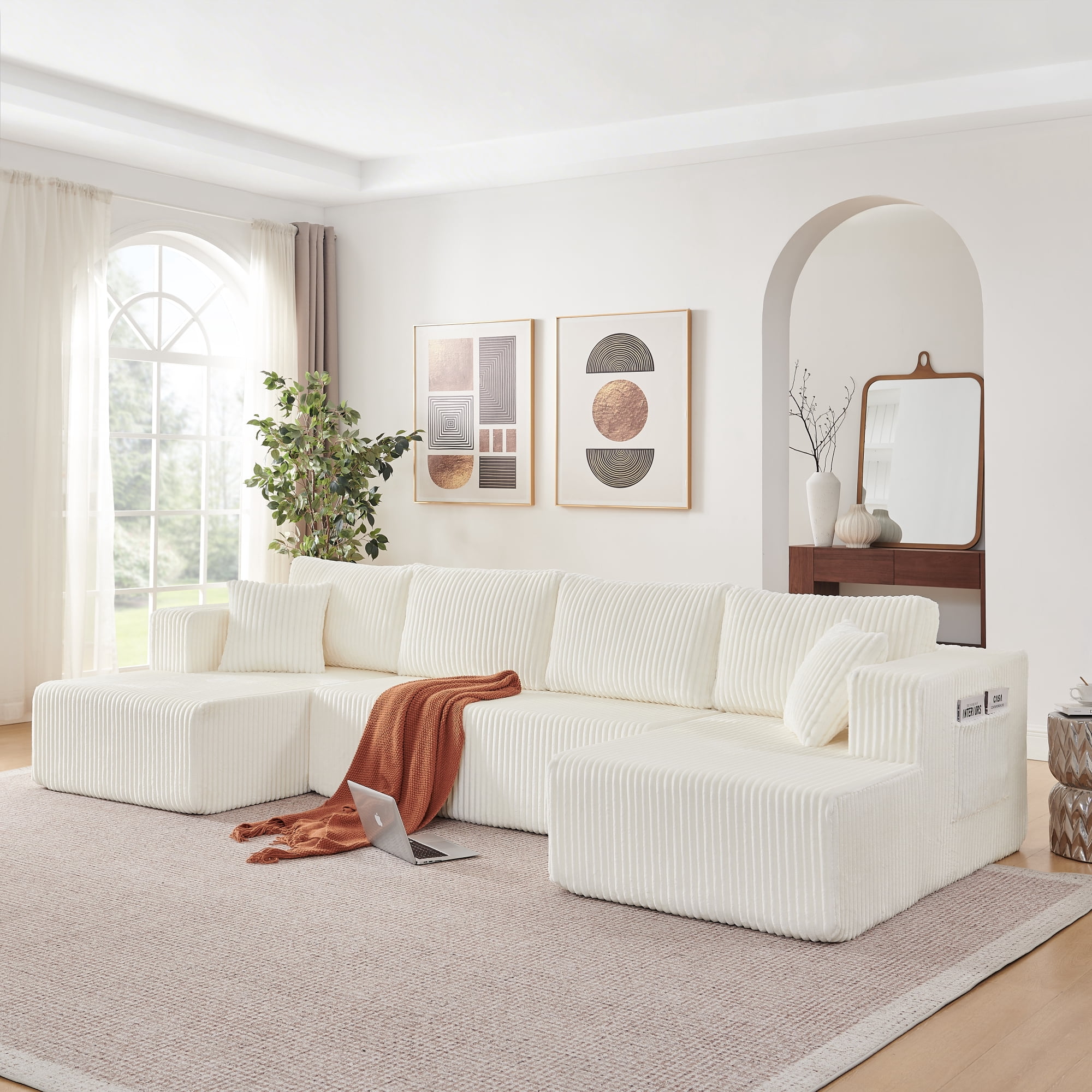 Leumius 132" U Shaped Modular Sectional Sofa,Modern Minimalist Corduroy Boneless Cloud Sofa with Double Chaise,Memory Foam Sectional Couch with Deep Seat for Living Room, No Assembly Required,Beige