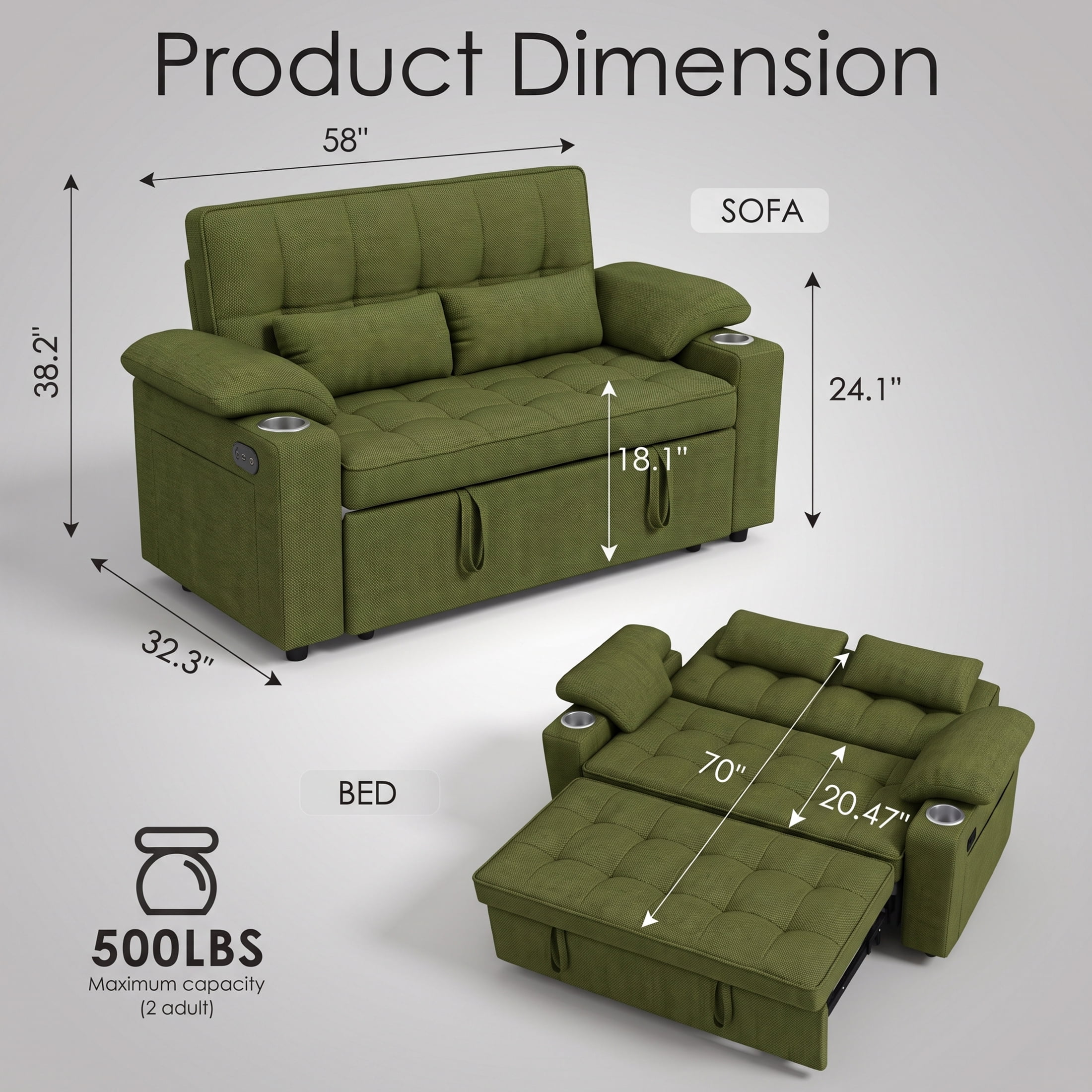Xiweot 58" Convertible Sleeper Sofa Bed, Full Size Pull Out Couch with USB Charger, Cup Holders, Adjustable Backrest & Side Pocket, Teddy Fabric Loveseat for Living Room Small Space (Green)
