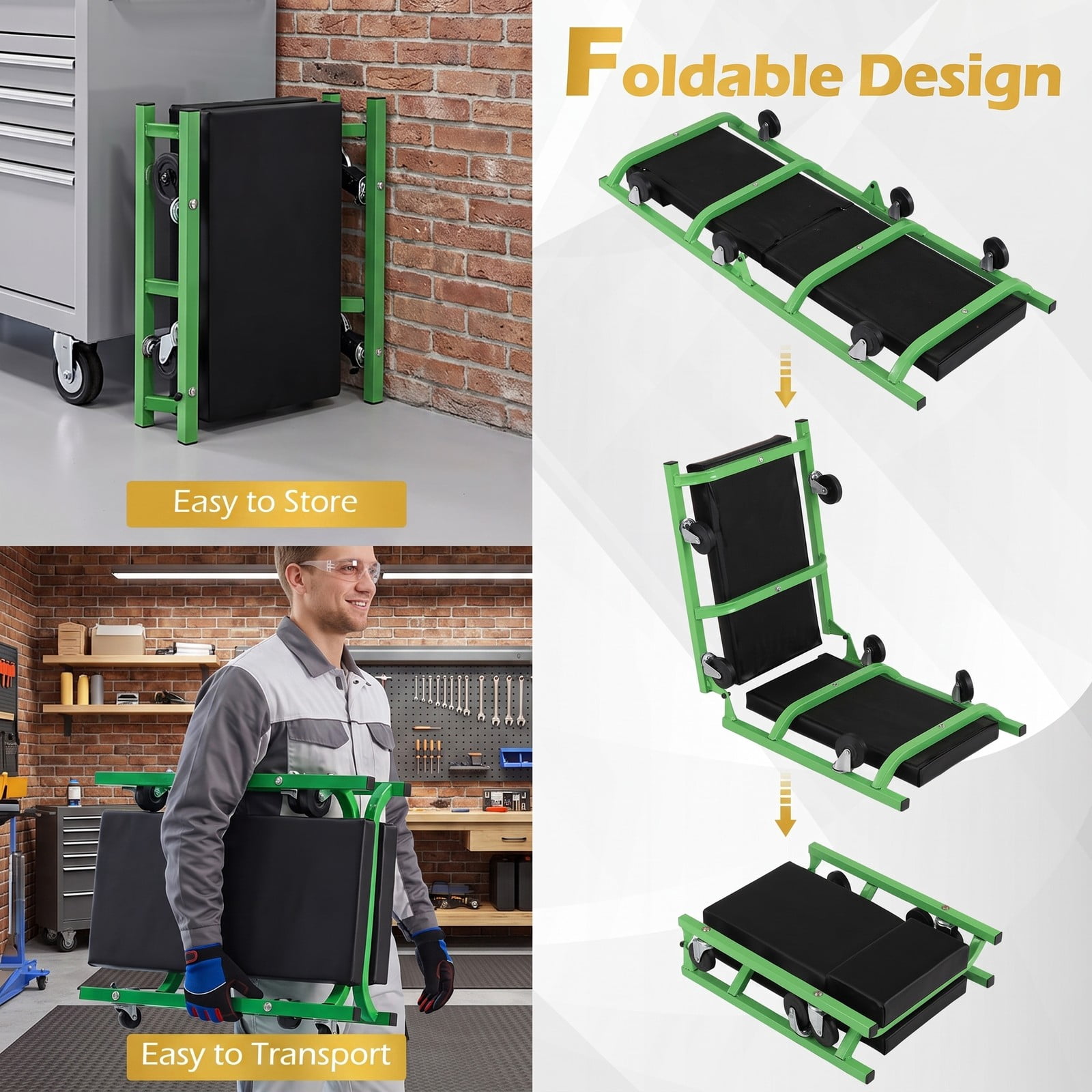 ALPULON Foldable Automotive Creeper with 360 Degree Swivel Wheels, 330 lbs Rolling Garage Creeper with Padded Headrest and PU Leather Cushion, Low Profile, Green