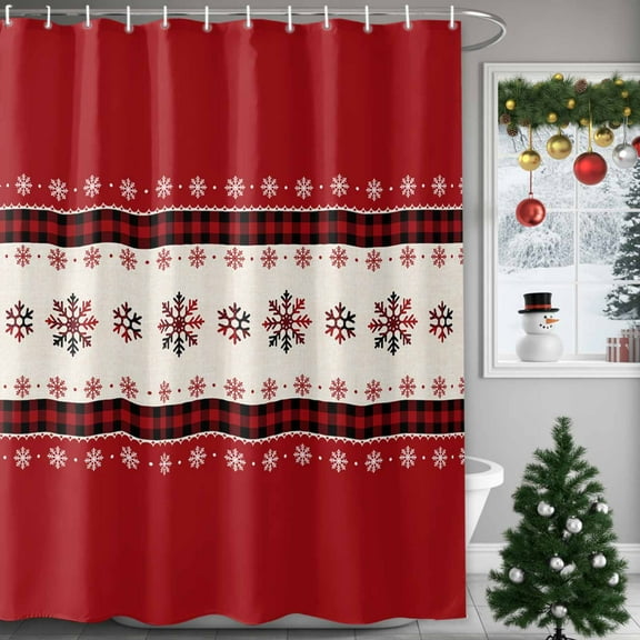 Christmas Snowflake Shower Curtains for Bathroom, Red and Black Buffalo Plaid Waterproof Fabric Shower Curtain for Bathroom Bathtub Decoration, Machine Washable, 72"x72"