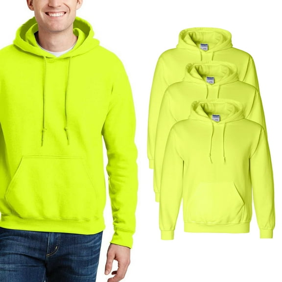Gildan - High Visibility DryBlend Hooded Sweatshirt | Reflective Adult Green Workwear With Pouch Pocket 9 oz Pack-3, Size S