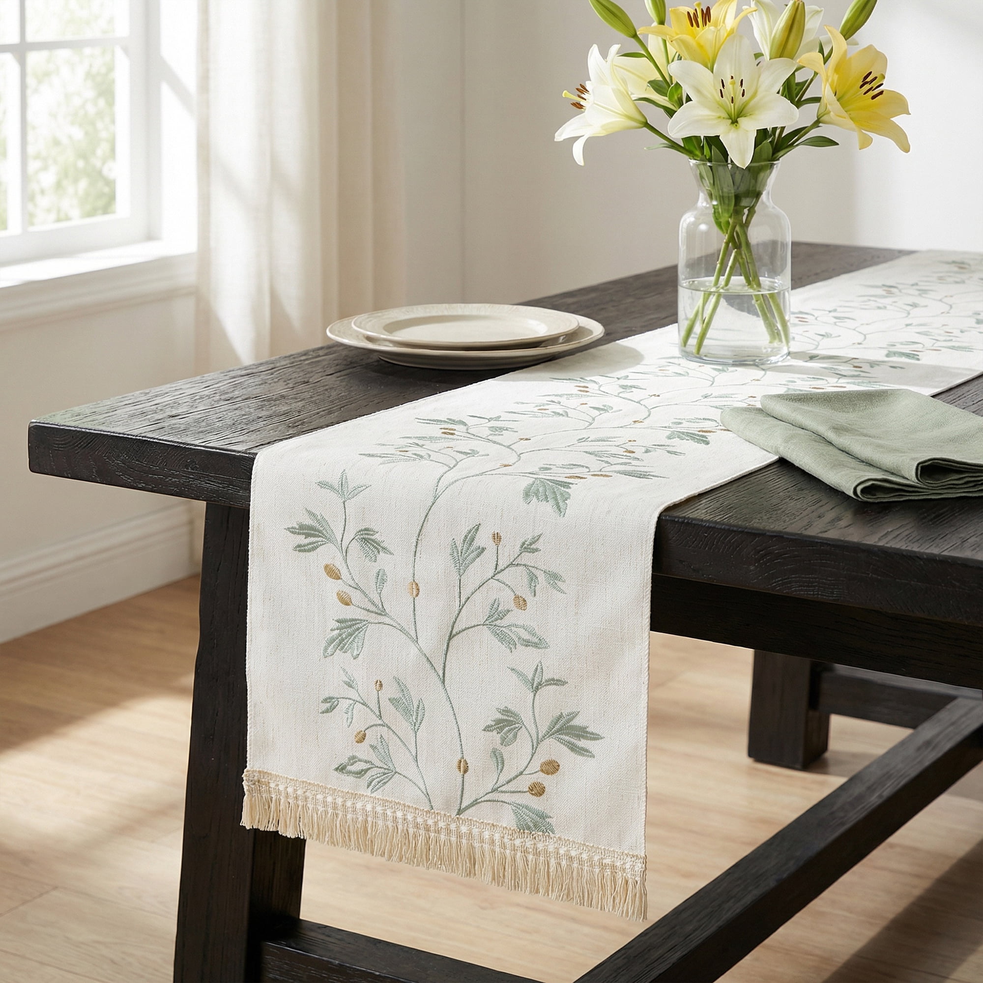 Unique Bargains Long Washable Floral Table Runner for Dining Decor Green 15.4"x63"