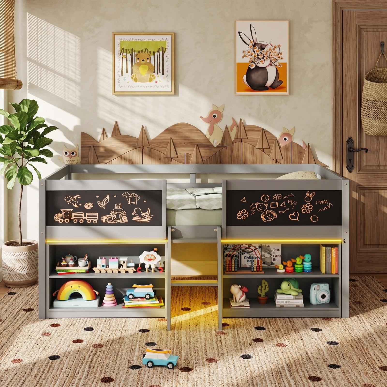 Furnibear Low Loft Bed with LED Lights and Bookcases for Kids Bedroom, Space-Saving Wood Cabin Bed with Storage Shelves and Chalkboard, Gray