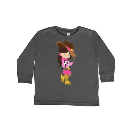 

Inktastic Cowboy Girl Girl With Cowboy Hat Brown Hair Gift Toddler Toddler Girl Long Sleeve T-Shirt