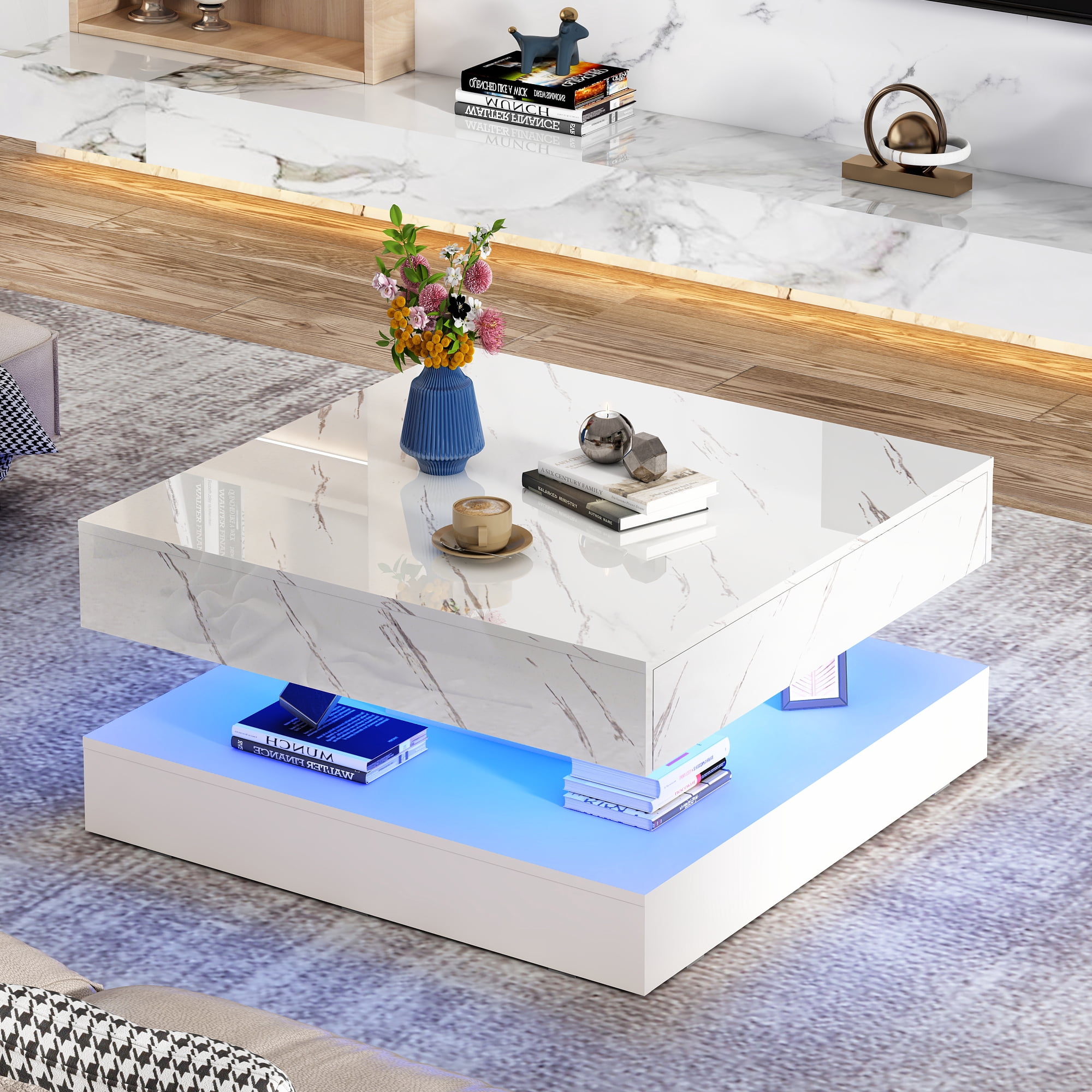 ChVans 34" LED Square Coffee Table with 2 Drawers, 2-Tier White High Glossy Coffee Table with Led lights & Storage Drawer, Modern Living Room Tables