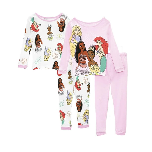Disney Princesses Girls 4 Piece Cotton Pajama Set, Pink, Size 8