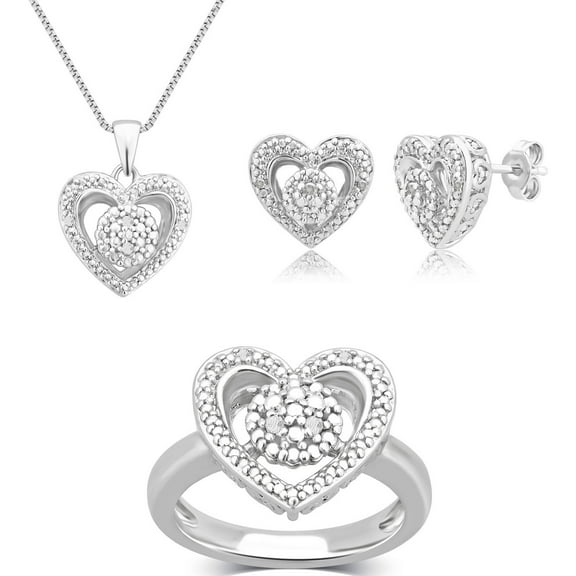 Diamond Accent Round White Rhodium Plated Ring, Earrings and Pendant Set, 18"