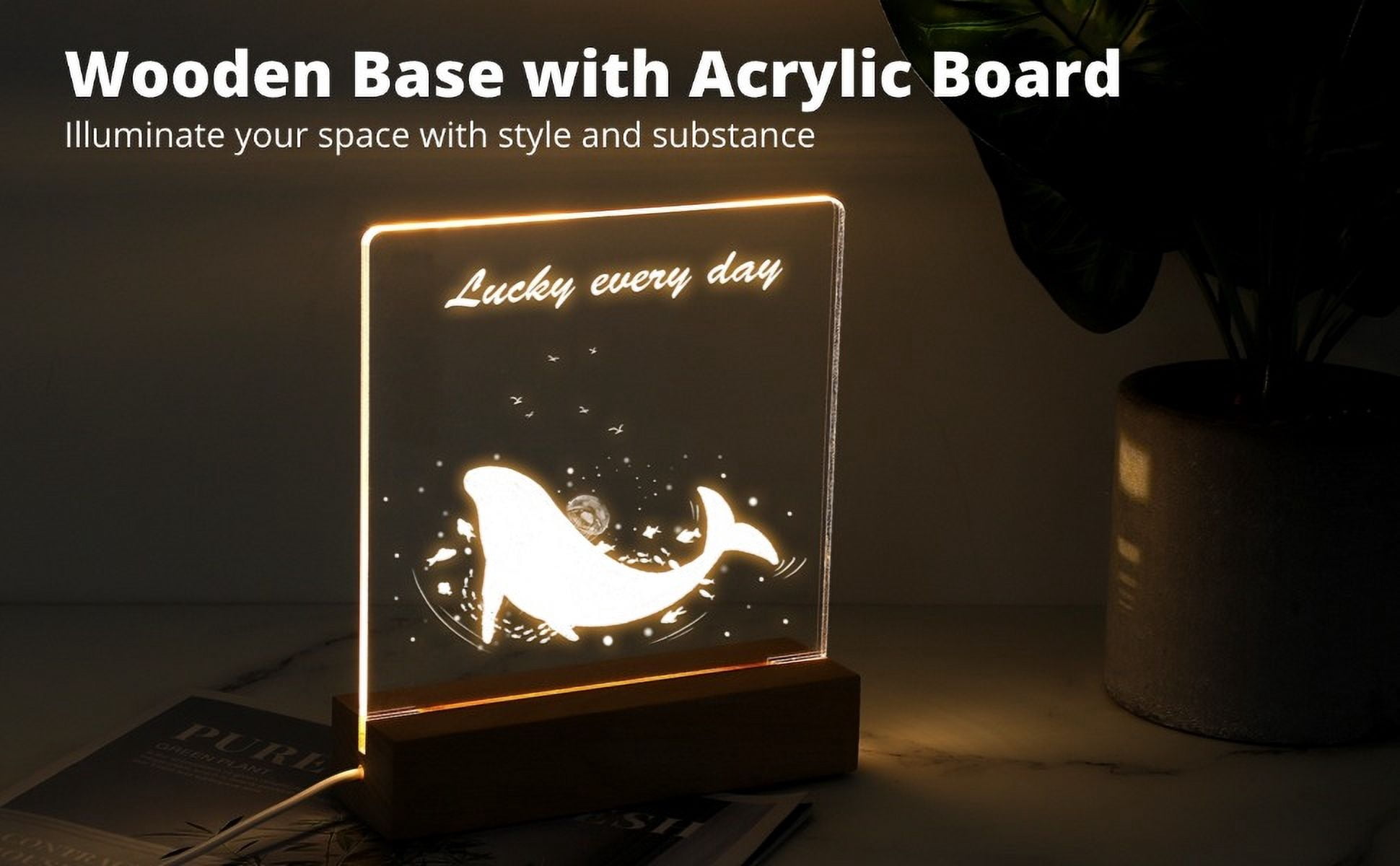 8 Pcs LED Wooden Display Stands, LED lamps with Acrylic Sheets, Transparent Acrylic Night Lights with USB Cables, Wooden Bases with Acrylic Boards for Writing, Drawing, DIY, Present