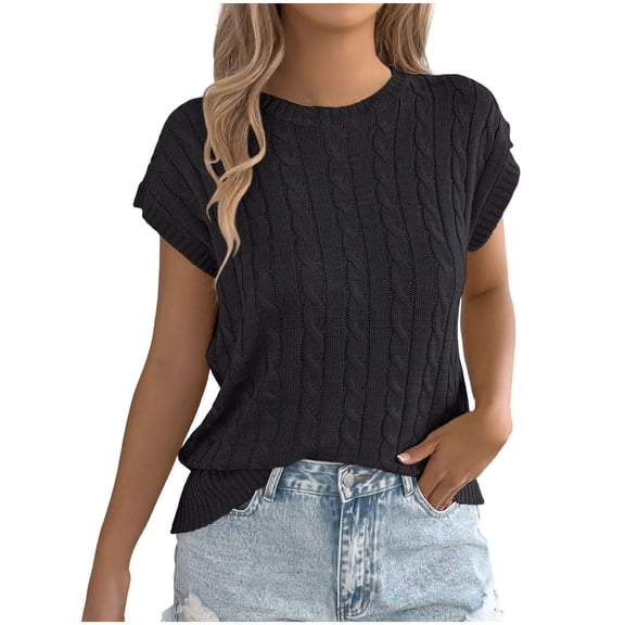 dazeni Summer Crochet Tops for Women Lightweight Knit Short Sleeve T Shirts Breathable Hollow Out Sweater Top Black X-Large
