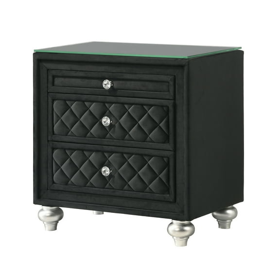 Miekor Furniture 1pc Traditional Glam 3-Drawer Nightstand Velvet Tufted Drawer Front Jewelry Tray Faux Crystal Drawer Knobs Black 63889